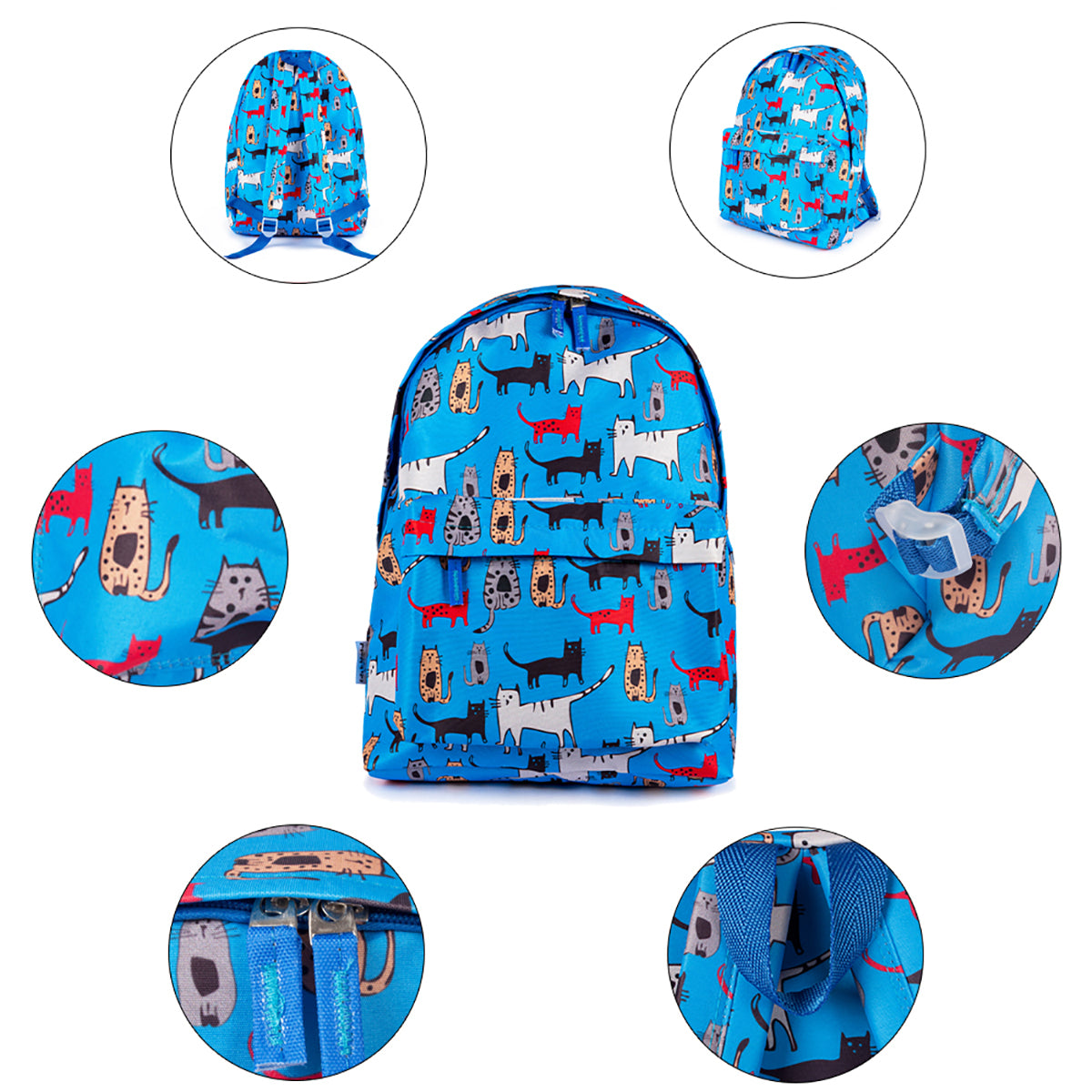 Biggdesign Cats Rucksack in Blau mit stilvollem Katzenmuster, ideal für Schule und Freizeit, aus hochwertigem, wasserdichtem Material gefertigt.