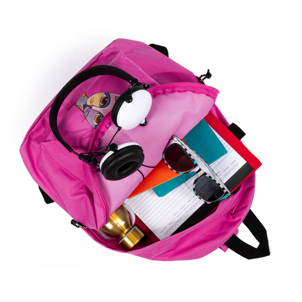 Biggdesign Owl and City Mini Rucksack in Rosa mit einzigartigem Katzenmotiv, ideal für Schule und Freizeit.