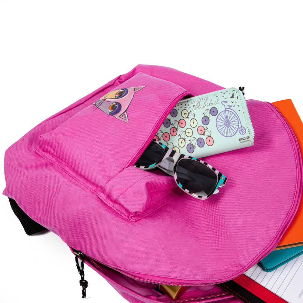 Biggdesign Owl and City Mini Rucksack in Rosa mit einzigartigem Katzenmotiv, ideal für Schule und Freizeit.