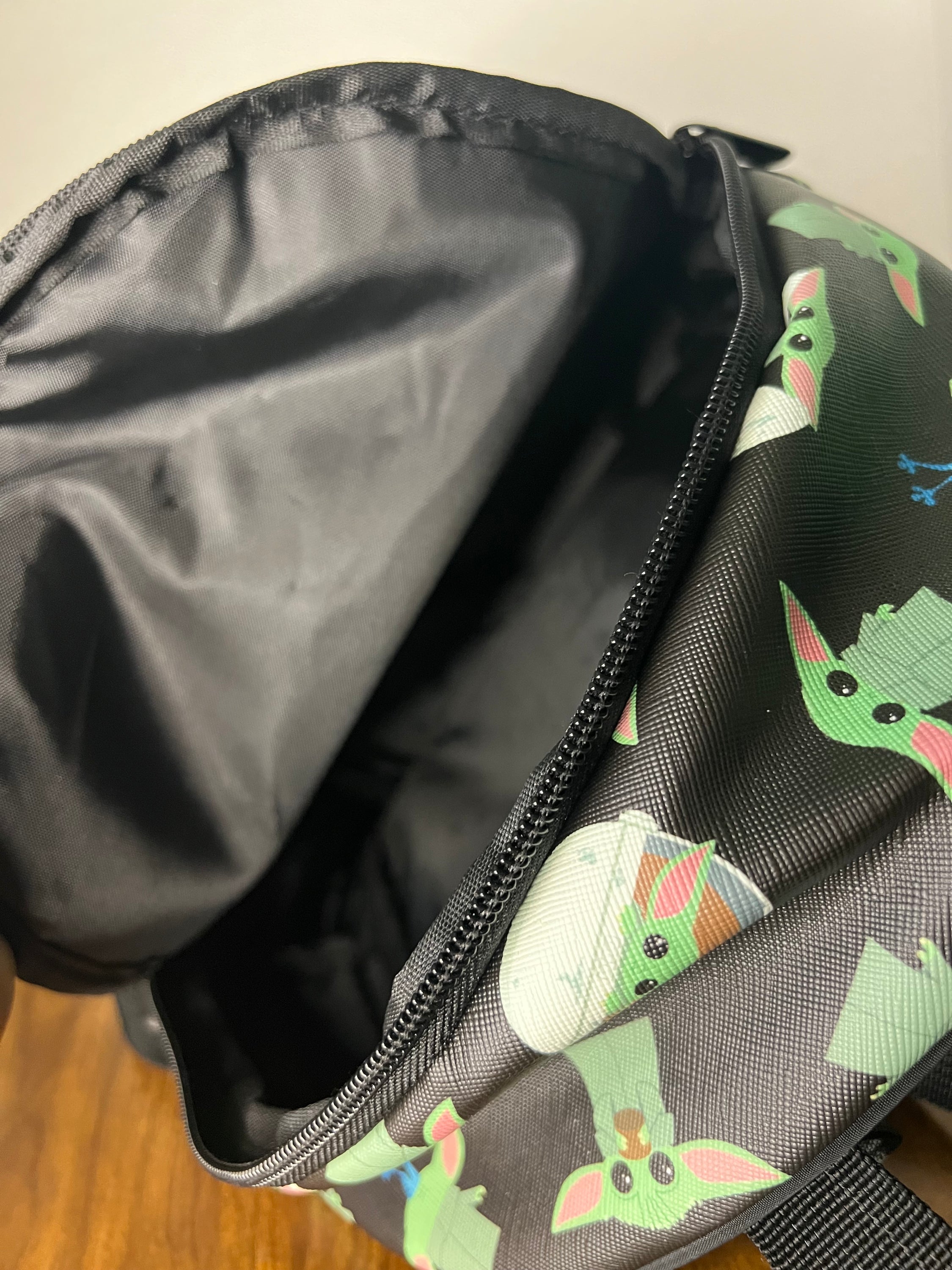 Bioworld Star Wars Grogu Mini Backpack featuring Baby Yoda design, adjustable straps, and zippered pockets.