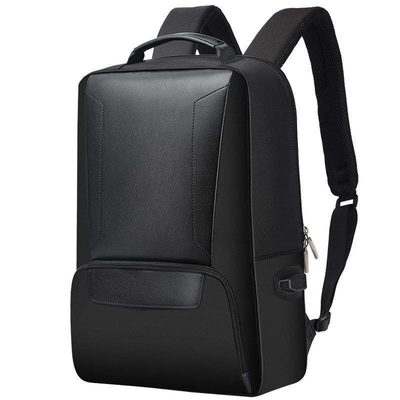 Black high-quality fashion computer backpack made of microfiber PU leather and fabric, featuring padded straps and spacious compartments.