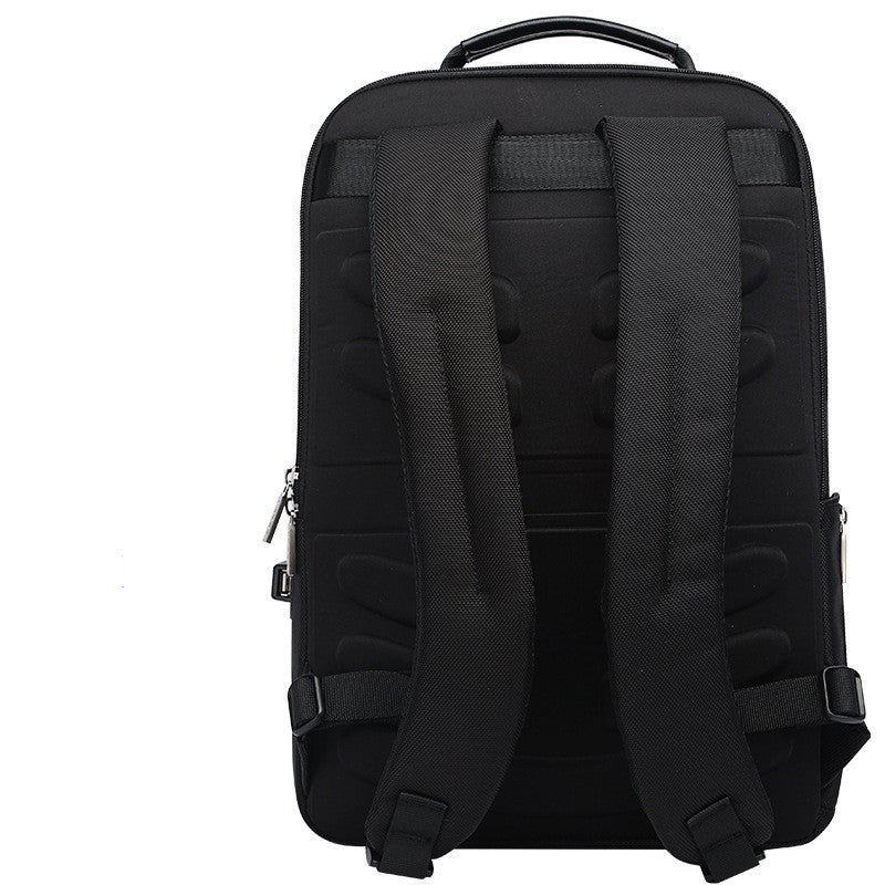 Black high-quality fashion computer backpack made of microfiber PU leather and fabric, featuring padded straps and spacious compartments.