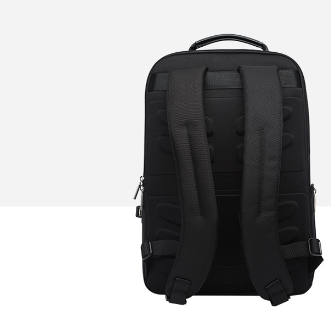 Black high-quality fashion computer backpack made of microfiber PU leather and fabric, featuring padded straps and spacious compartments.