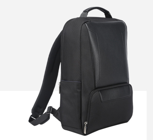 Black high-quality fashion computer backpack made of microfiber PU leather and fabric, featuring padded straps and spacious compartments.