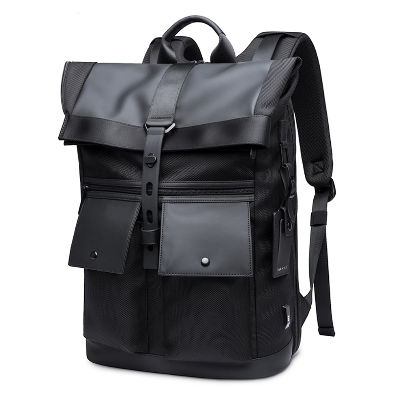 Black Oxford cloth men's backpack with multiple compartments and stylish design, perfect for daily use.