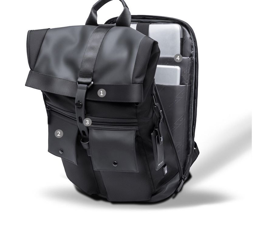 Black Oxford cloth men's backpack with multiple compartments and stylish design, perfect for daily use.