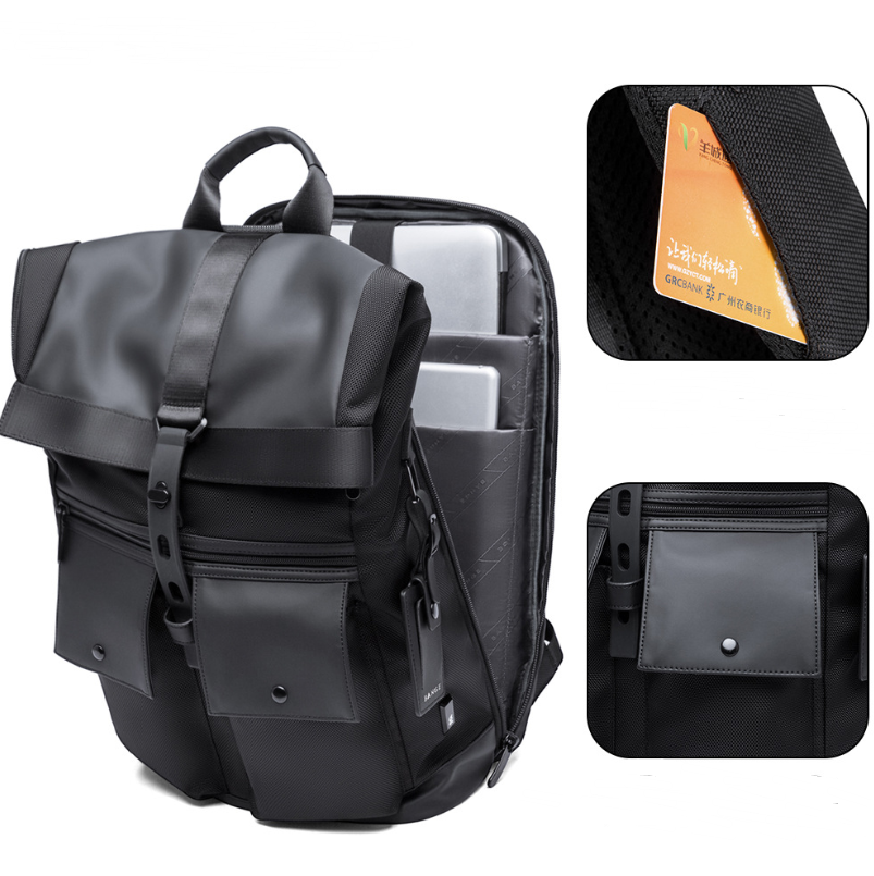 Black Oxford cloth men's backpack with multiple compartments and stylish design, perfect for daily use.