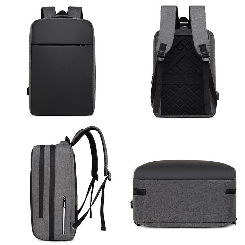 Large-capacity waterproof business backpack for men with USB charging port, featuring a stylish patchwork design and comfortable air cushion belt.