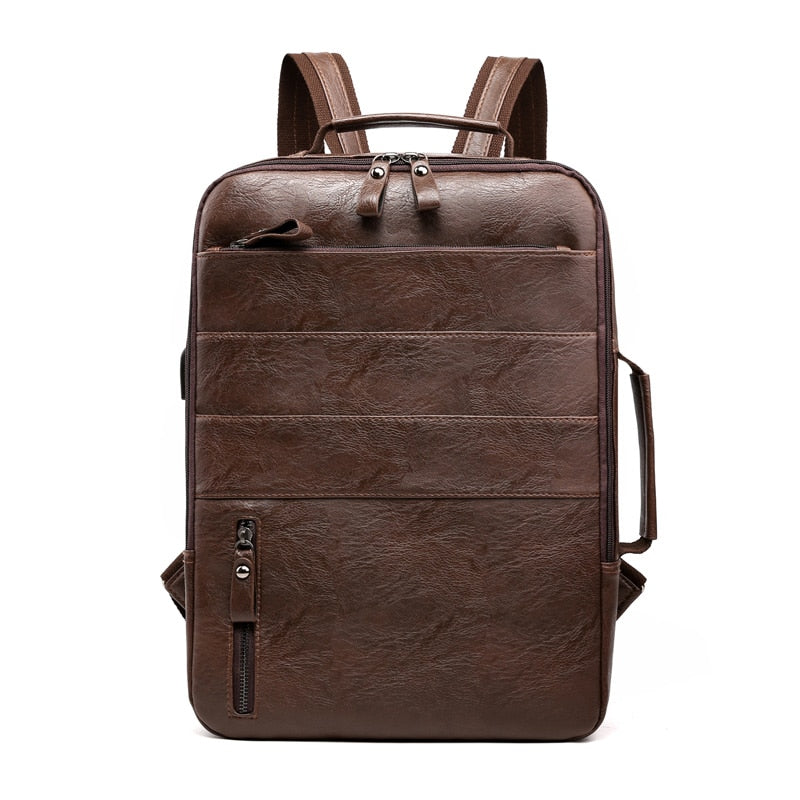 Large waterproof PU leather business backpack for men, featuring multiple compartments and a stylish design, perfect for carrying laptops and essentials.