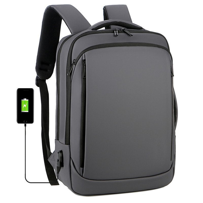 Business laptop backpack with water-repellent film, showcasing its sleek design and spacious compartments.