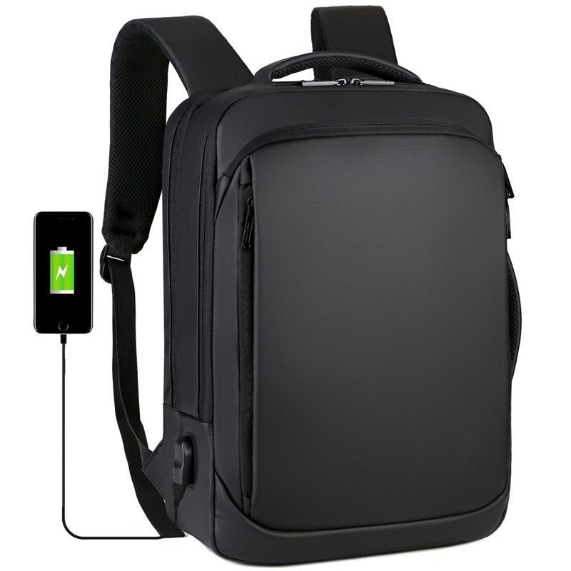 Business laptop backpack with water-repellent film, showcasing its sleek design and spacious compartments.