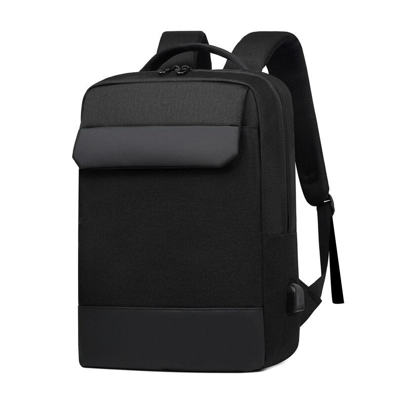 Business Men's Backpack in black, featuring USB charging port, waterproof Oxford material, and multiple interior compartments for organization.