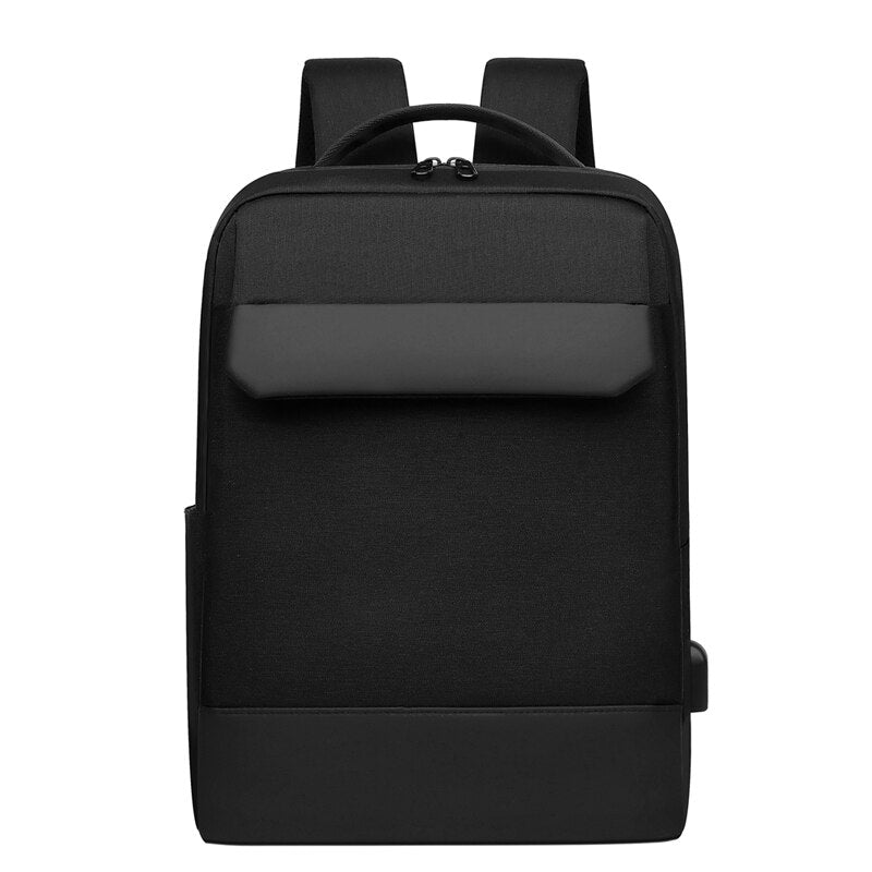 Business Men's Backpack in black, featuring USB charging port, waterproof Oxford material, and multiple interior compartments for organization.