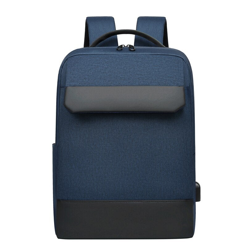 Business Men's Backpack in black, featuring USB charging port, waterproof Oxford material, and multiple interior compartments for organization.