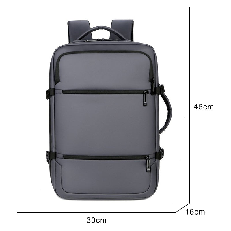 Multifunctional waterproof men's backpack with USB charging port, featuring a sleek design and spacious compartments.