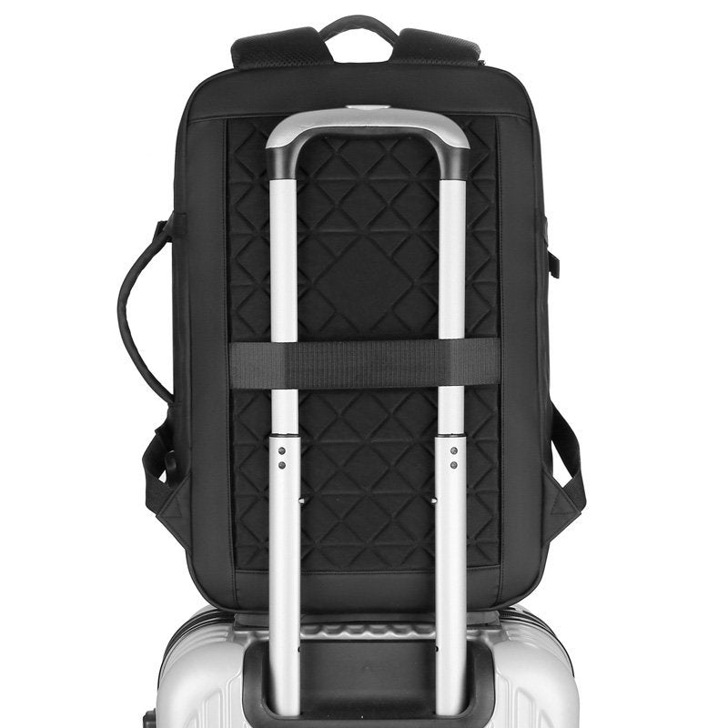 Multifunctional waterproof men's backpack with USB charging port, featuring a sleek design and spacious compartments.