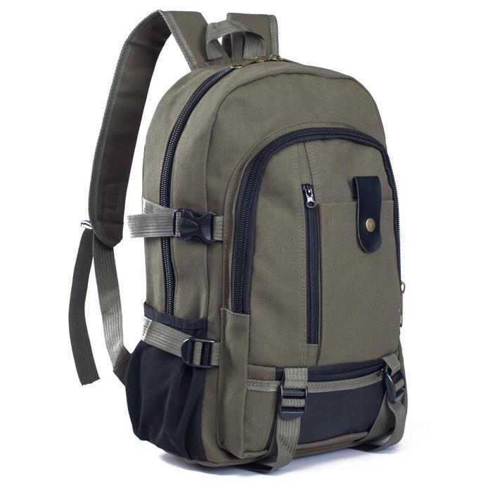 A durable canvas backpack designed for men, featuring a spacious zipper opening, adjustable straps, and a stylish design suitable for school, hiking, and traveling.