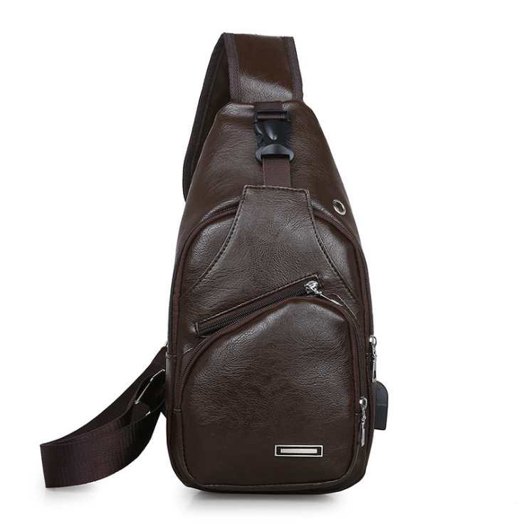 Stylish chest bag made of PU leather with USB charging port, featuring multiple pockets and adjustable straps.