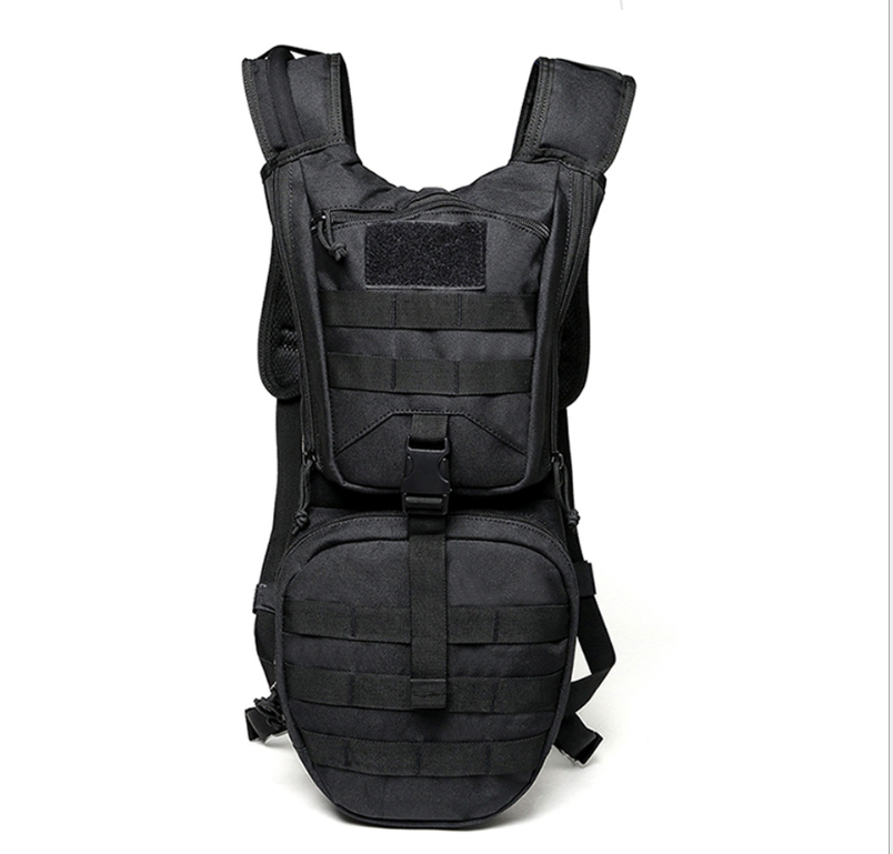 Compact and lightweight tactical cycling backpack in black, featuring a hydration reservoir and long drinking straw, ideal for outdoor activities.