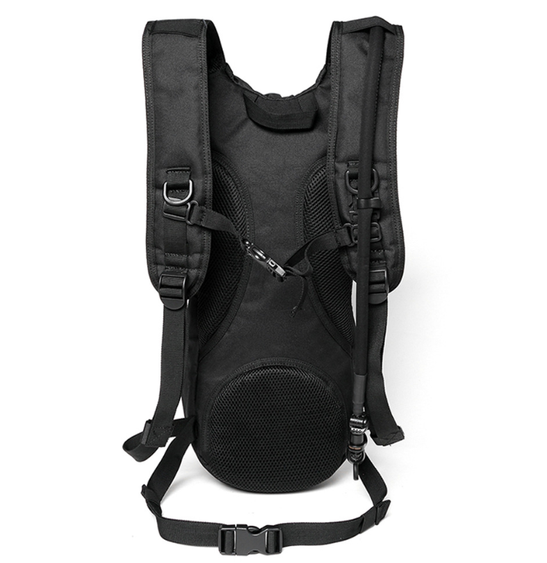 Compact and lightweight tactical cycling backpack in black, featuring a hydration reservoir and long drinking straw, ideal for outdoor activities.