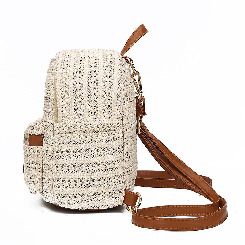 Elegant straw woven backpack for women, showcasing a stylish design suitable for various occasions.