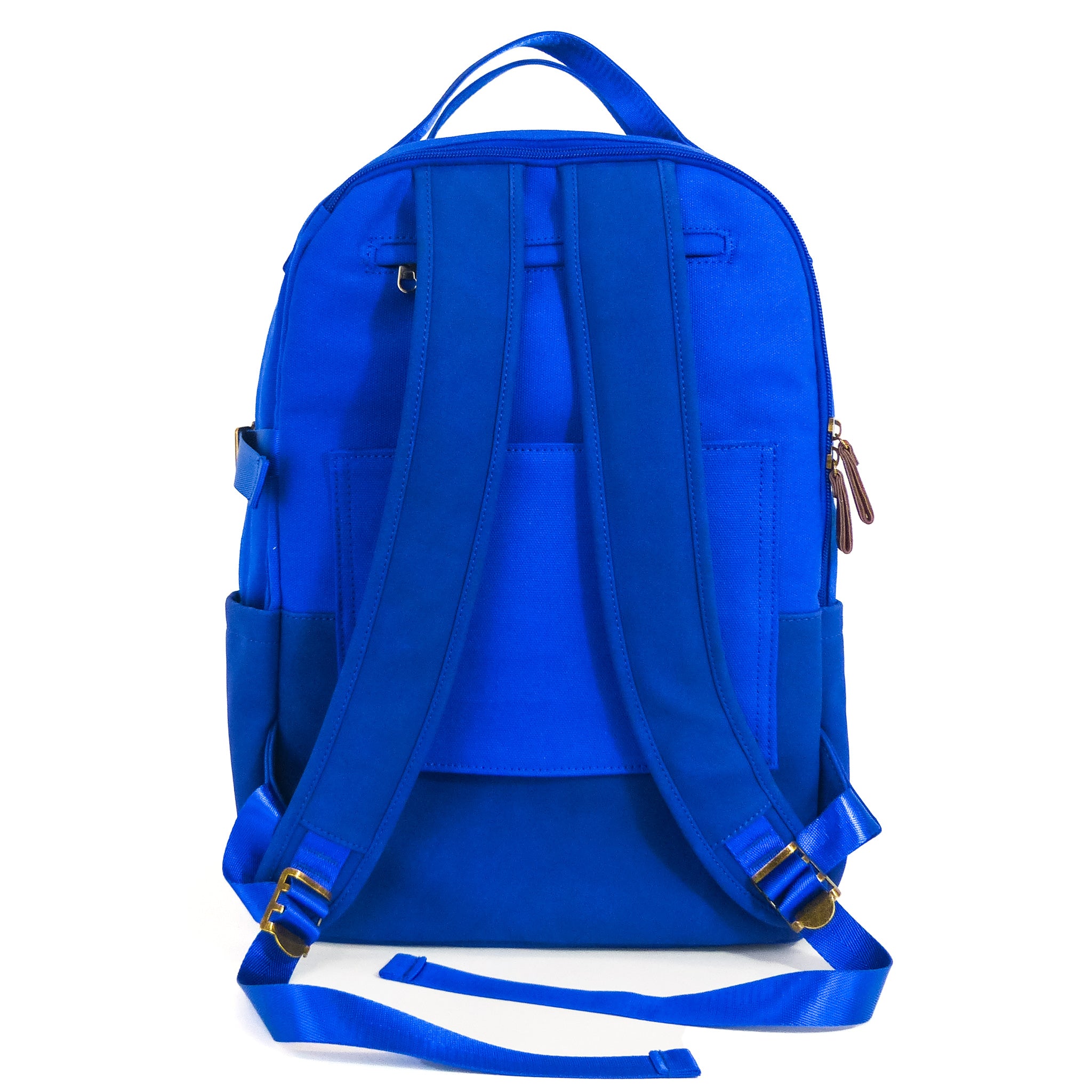 Eternal Optimist Cobalt Blue Backpack featuring a secret back pocket, padded laptop compartment, and eco-friendly materials.