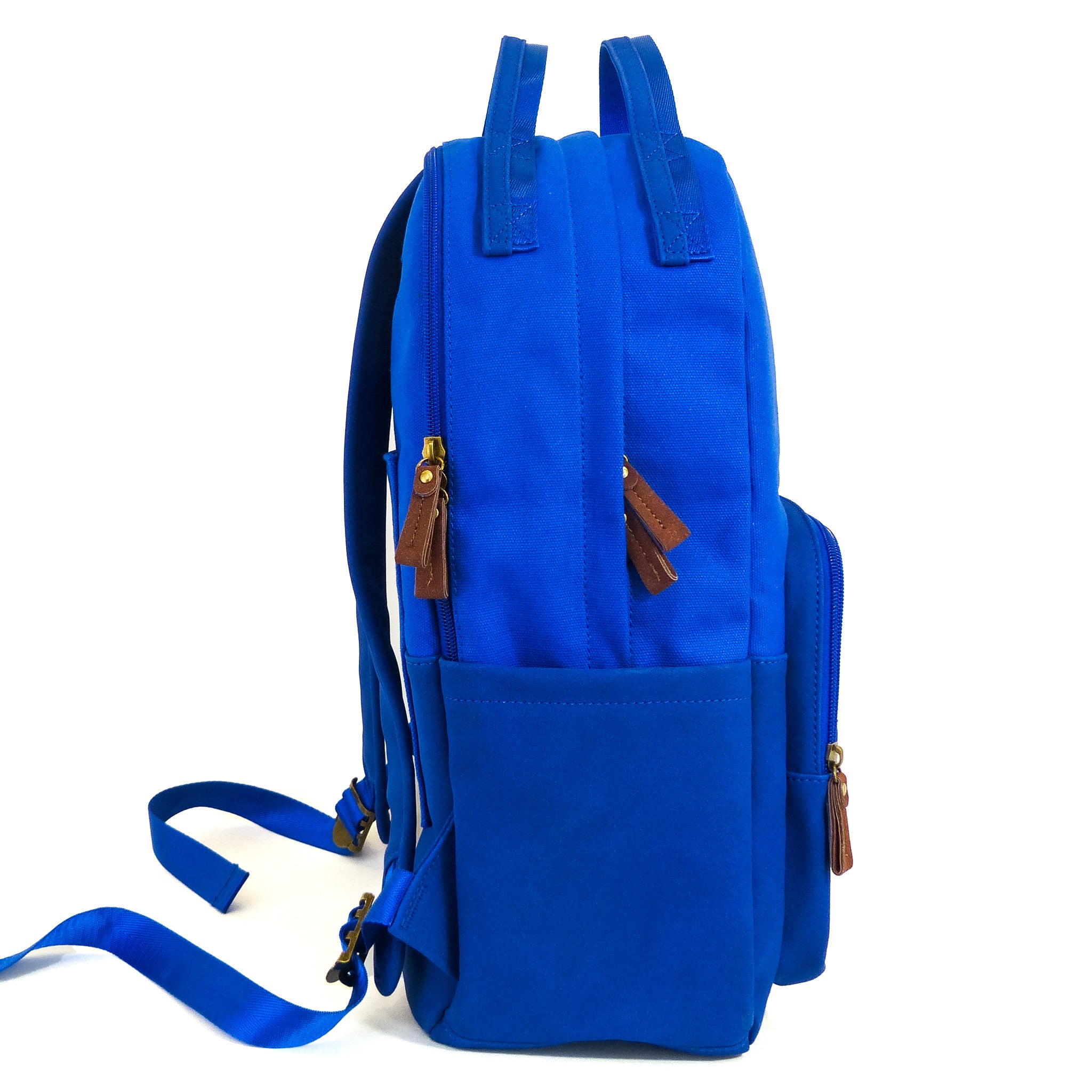 Eternal Optimist Cobalt Blue Backpack featuring a secret back pocket, padded laptop compartment, and eco-friendly materials.