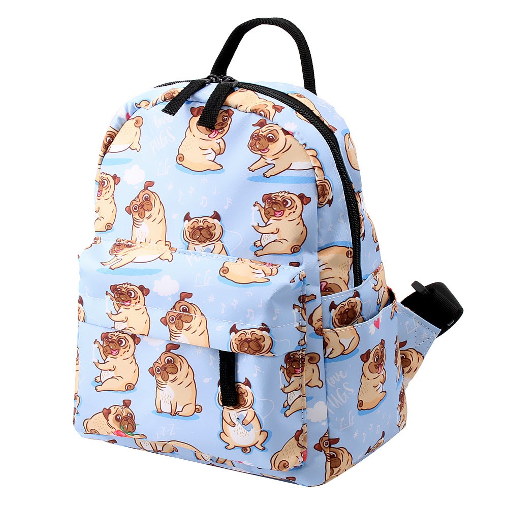 Fashionable waterproof backpack featuring a cute puppy pattern, designed for both genders with multiple pockets and durable material.