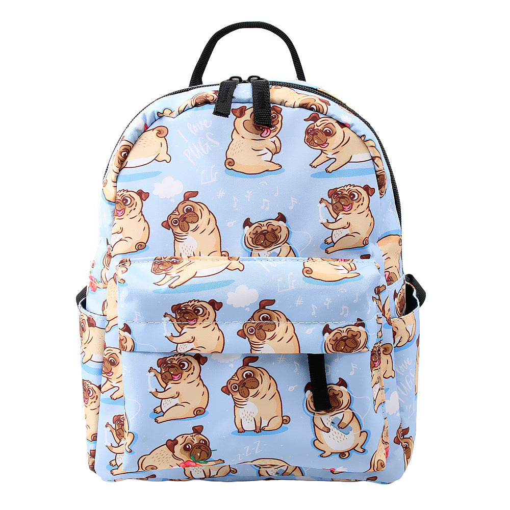 Fashionable waterproof backpack featuring a cute puppy pattern, designed for both genders with multiple pockets and durable material.