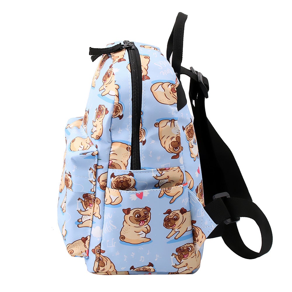 Fashionable waterproof backpack featuring a cute puppy pattern, designed for both genders with multiple pockets and durable material.