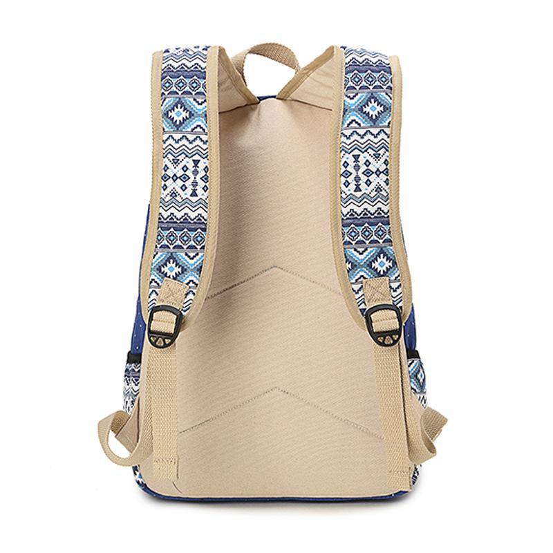 Female canvas travel backpack for hiking, featuring a landscape pattern and multiple pockets for organization.