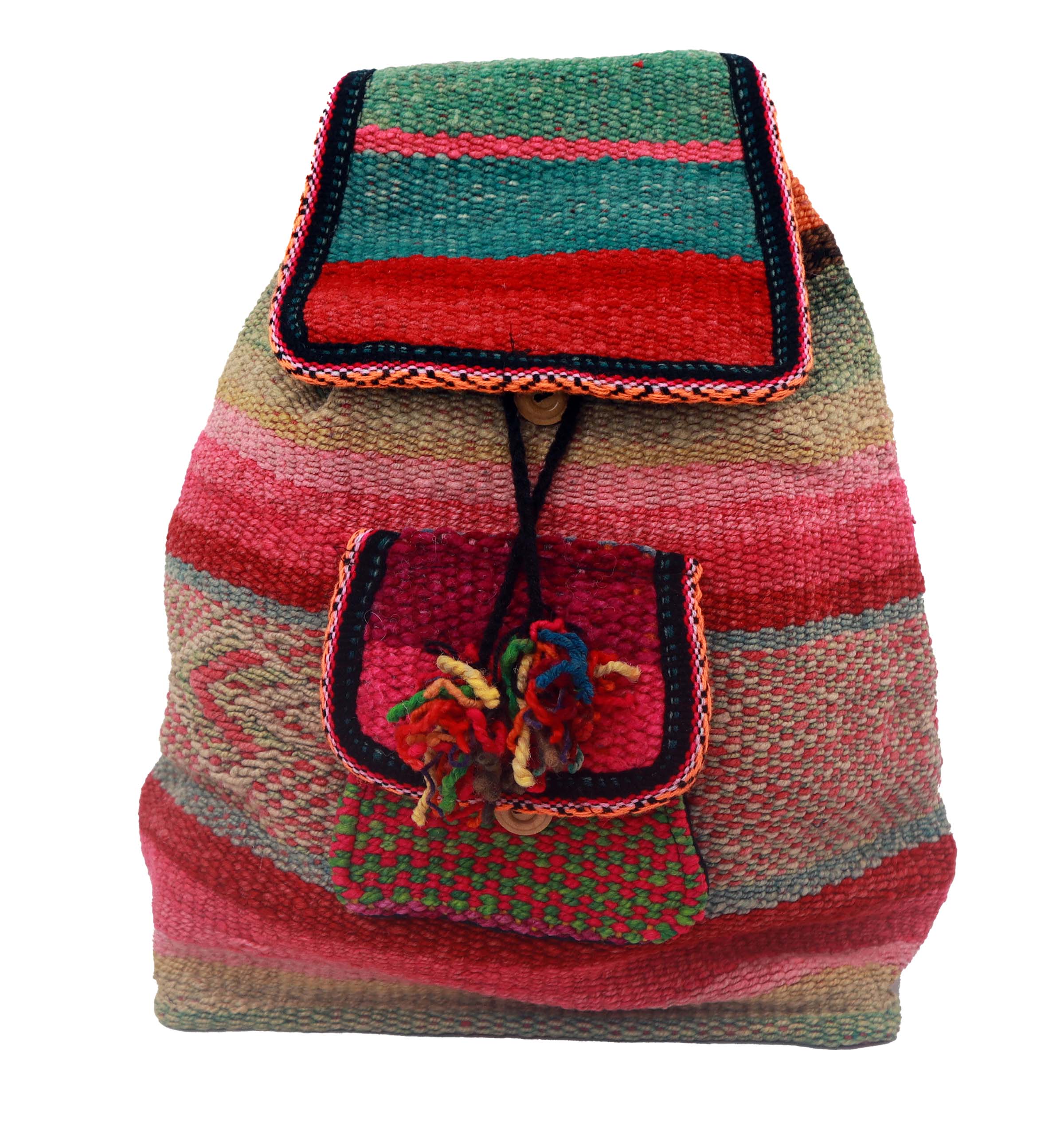 A vibrant handwoven backpack featuring fuchsia, teal, and plum colors, with a double closure and intricate designs, crafted by Quechua artisans.