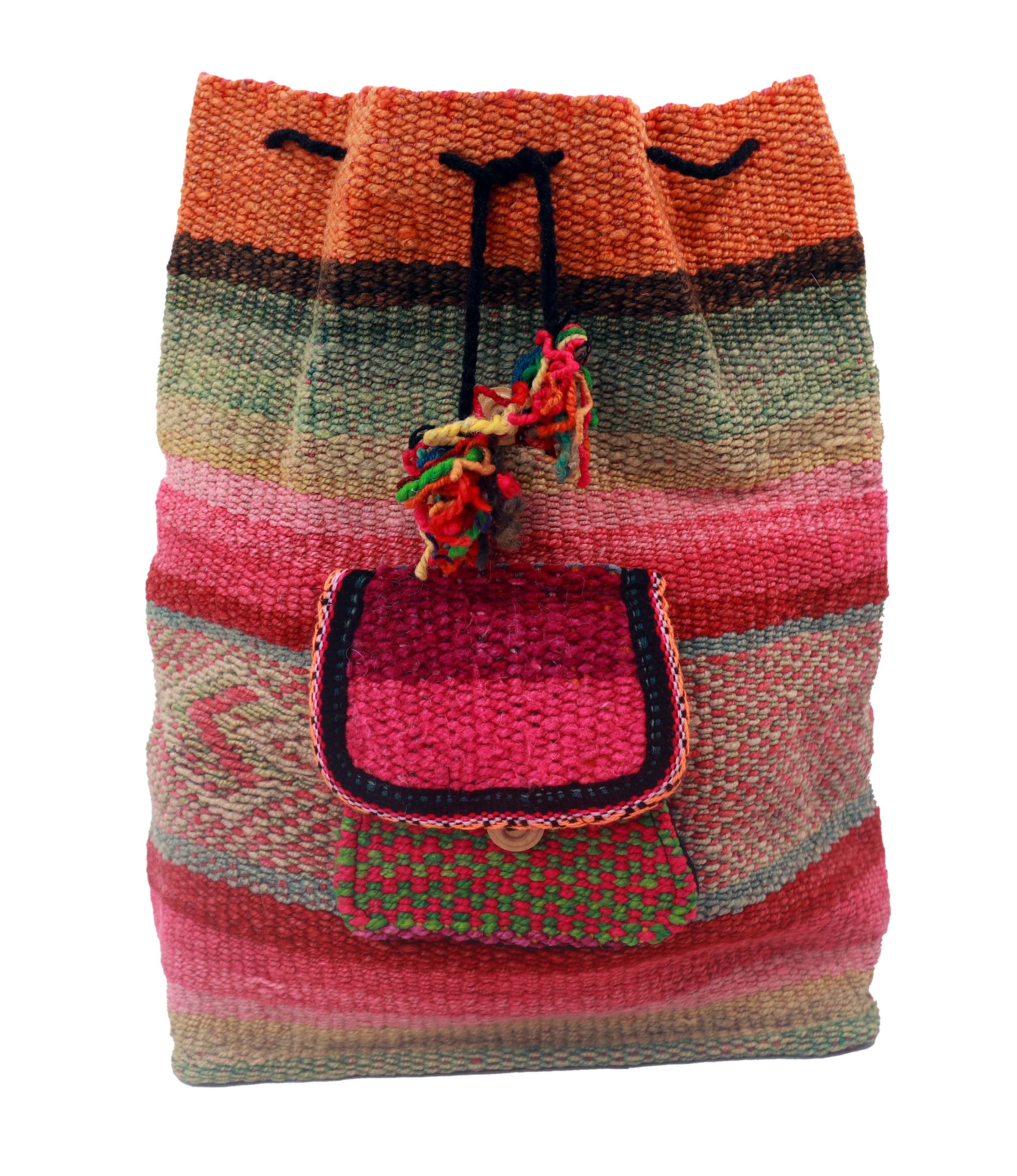 A vibrant handwoven backpack featuring fuchsia, teal, and plum colors, with a double closure and intricate designs, crafted by Quechua artisans.