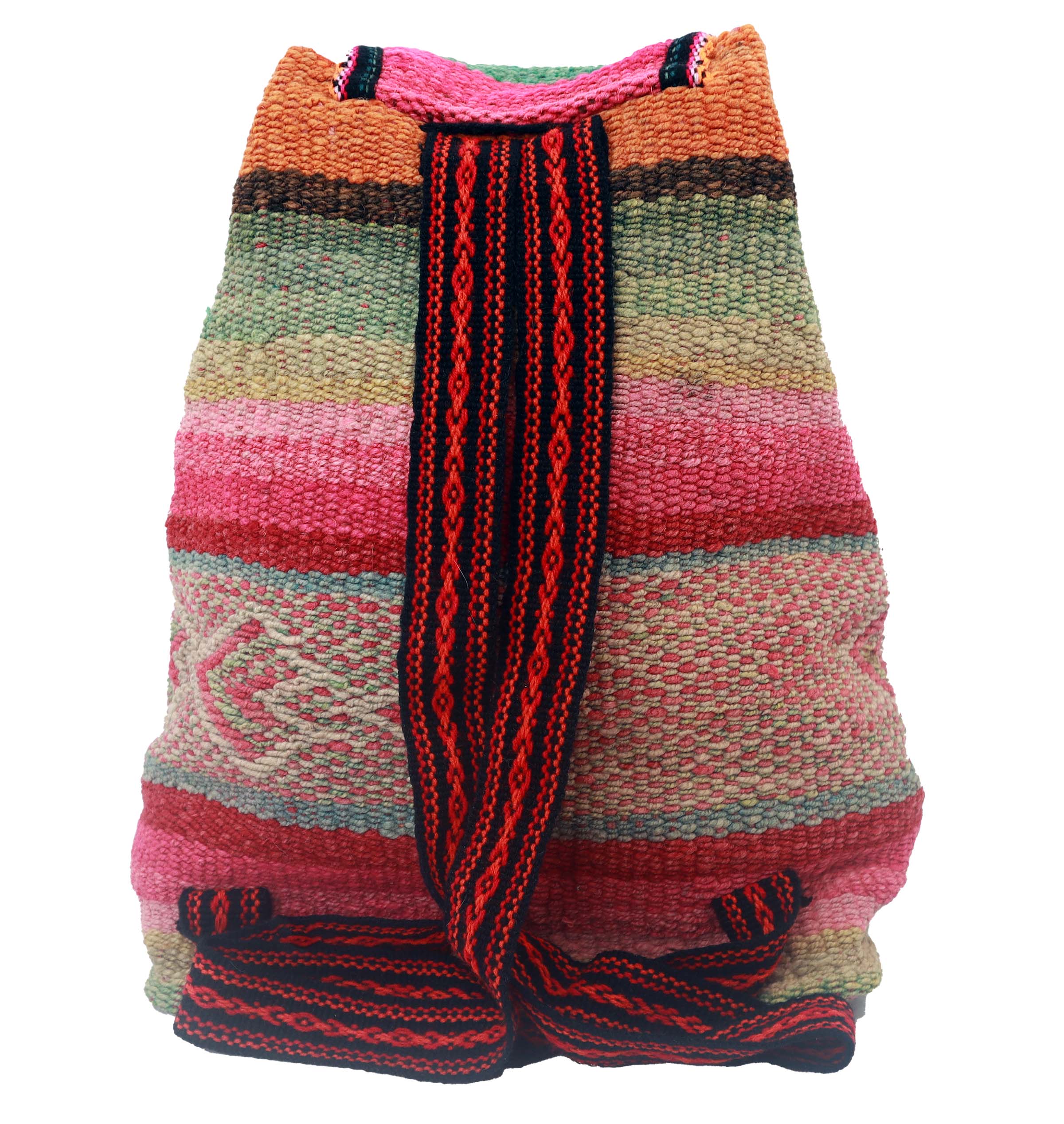 A vibrant handwoven backpack featuring fuchsia, teal, and plum colors, with a double closure and intricate designs, crafted by Quechua artisans.