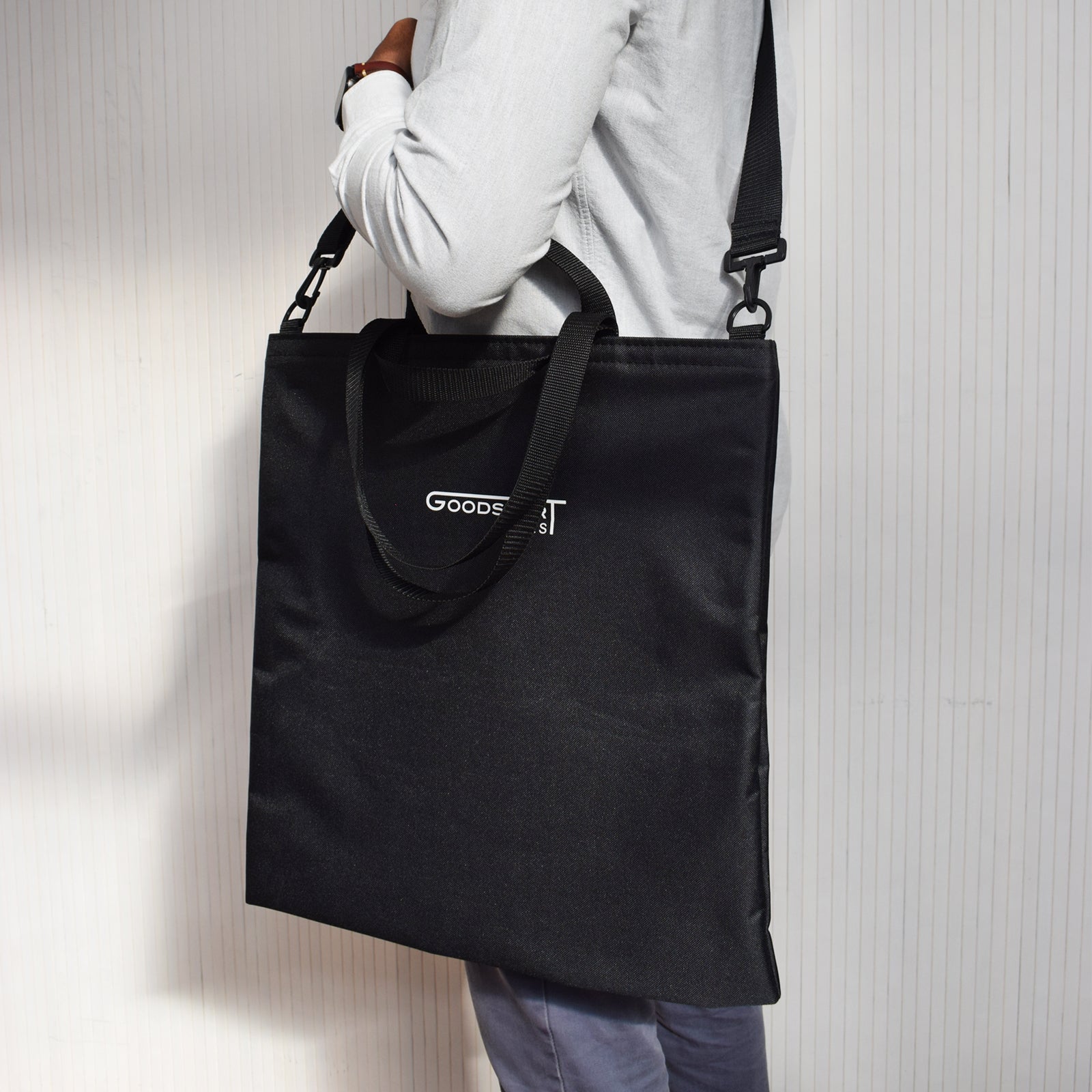 GoodDay Tote Bag in BLACK featuring two handles and an adjustable shoulder strap, designed for versatility and style.