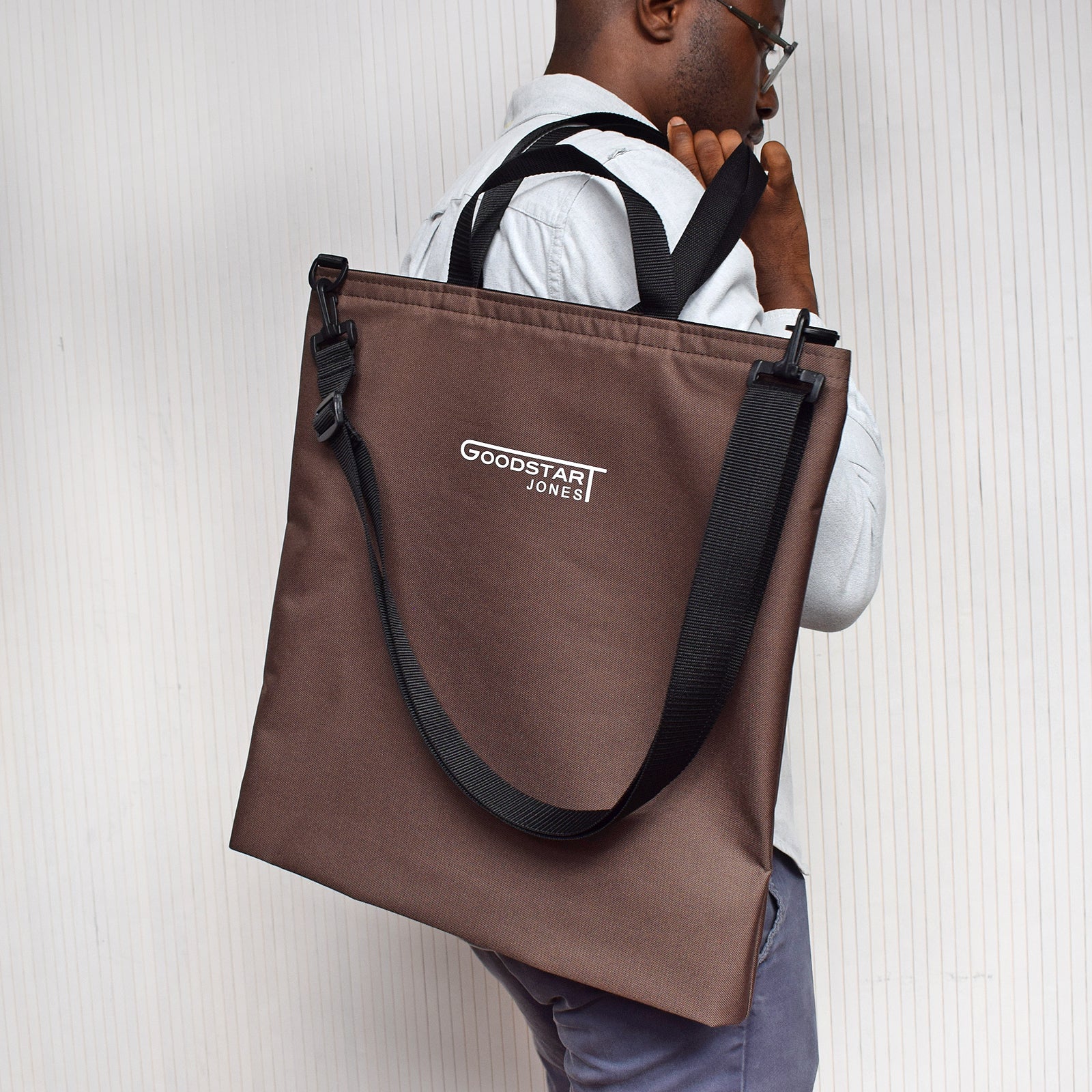 Brown GoodDay Tote Bag featuring adjustable shoulder strap and spacious interior pockets.