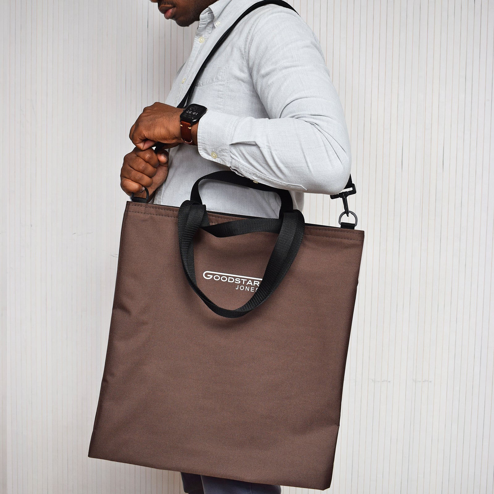 Brown GoodDay Tote Bag featuring adjustable shoulder strap and spacious interior pockets.