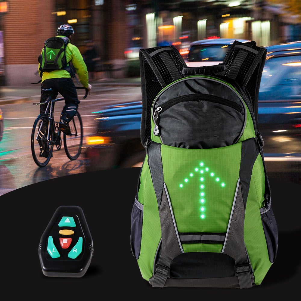 Green Remote Control Riding LED Luminous Backpack with LED lights, showcasing its stylish design and spacious compartments.