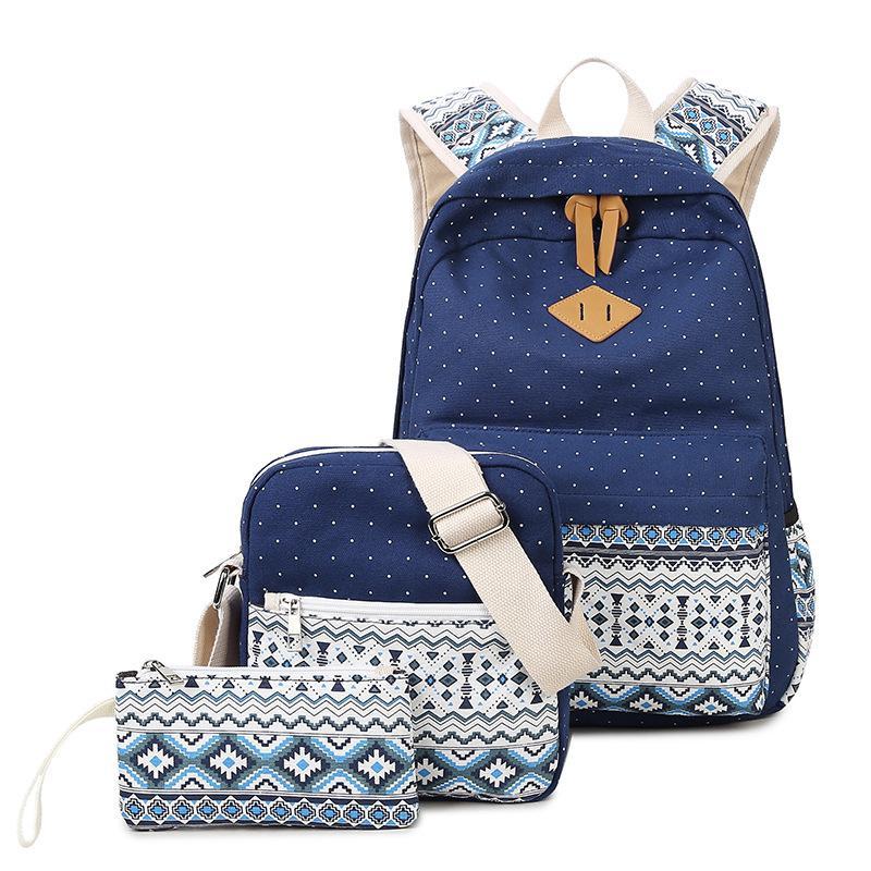 High Quality Breathable Printing Three-piece Wave Backpack featuring ethnic geometric patterns, soft handles, and durable canvas material.