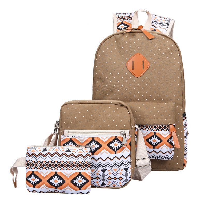 High Quality Breathable Printing Three-piece Wave Backpack featuring ethnic geometric patterns, soft handles, and durable canvas material.