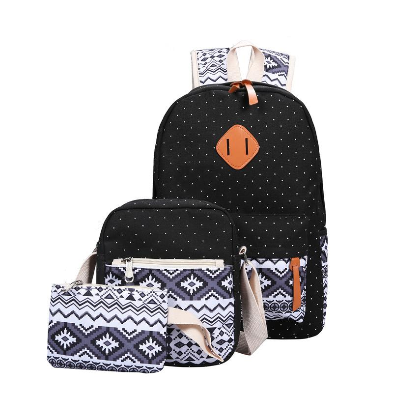 High Quality Breathable Printing Three-piece Wave Backpack featuring ethnic geometric patterns, soft handles, and durable canvas material.