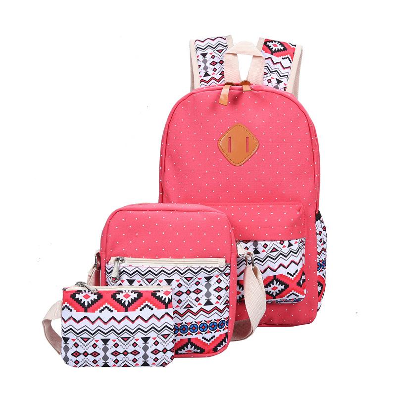 High Quality Breathable Printing Three-piece Wave Backpack featuring ethnic geometric patterns, soft handles, and durable canvas material.