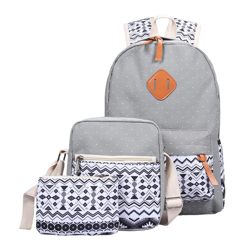 High Quality Breathable Printing Three-piece Wave Backpack featuring ethnic geometric patterns, soft handles, and durable canvas material.