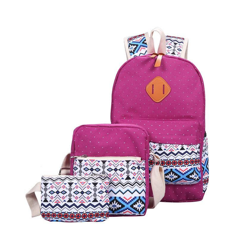 High Quality Breathable Printing Three-piece Wave Backpack featuring ethnic geometric patterns, soft handles, and durable canvas material.