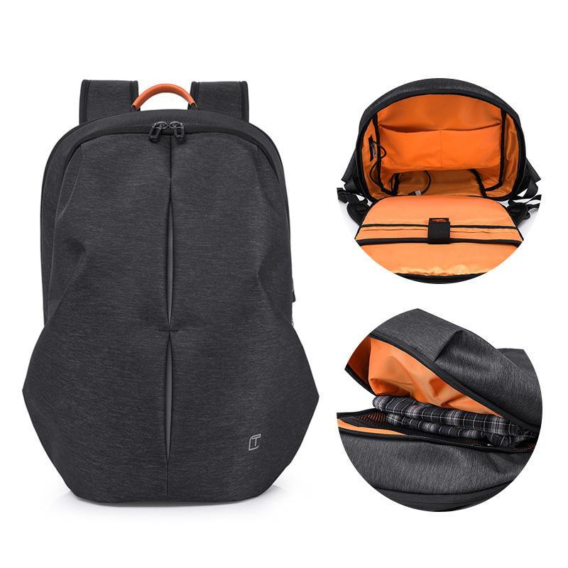 High quality fashion men's backpack in black and blue with USB charging port, made of durable polyester material.