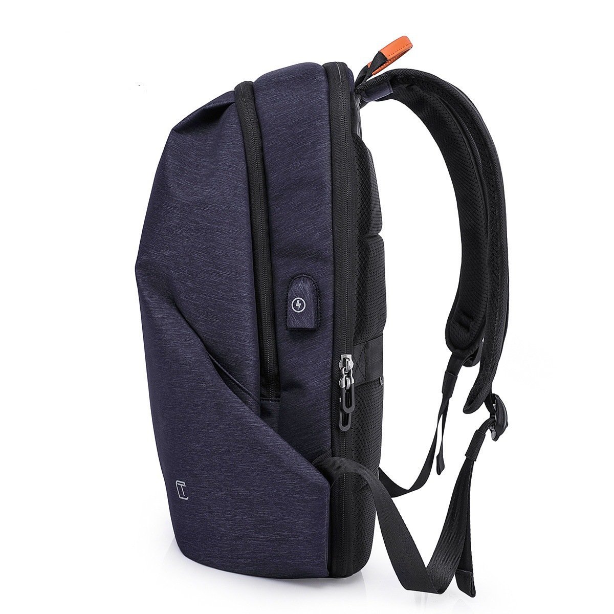 High quality fashion men's backpack in black and blue with USB charging port, made of durable polyester material.