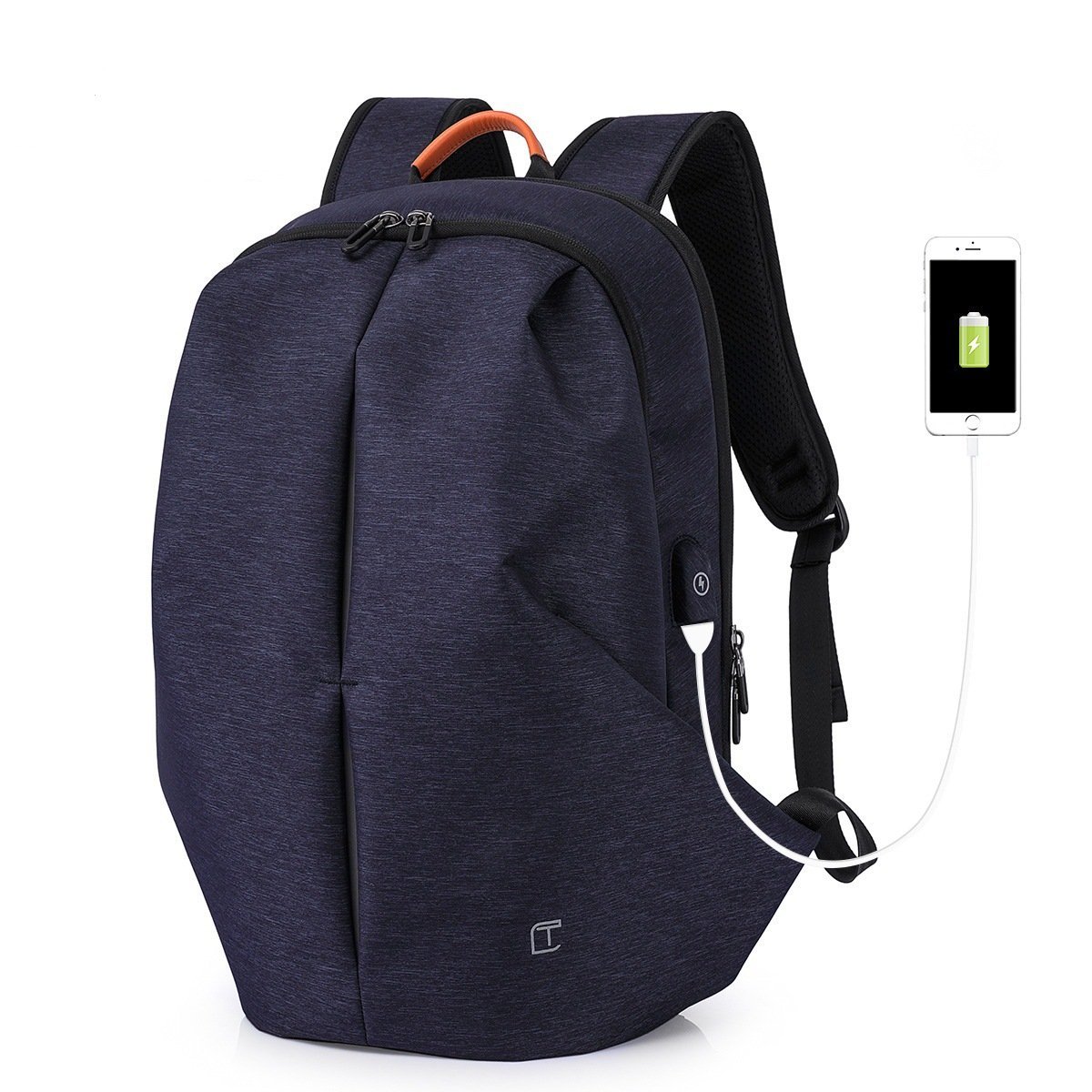 High quality fashion men's backpack in black and blue with USB charging port, made of durable polyester material.