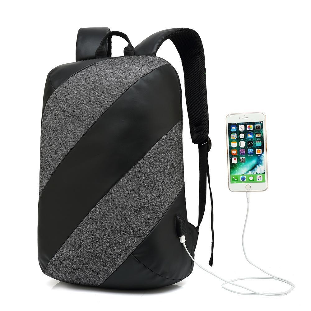 High Quality Male Casual Large Anti-theft Backpack in stylish striped design, showcasing its spacious compartments and USB charging interface.