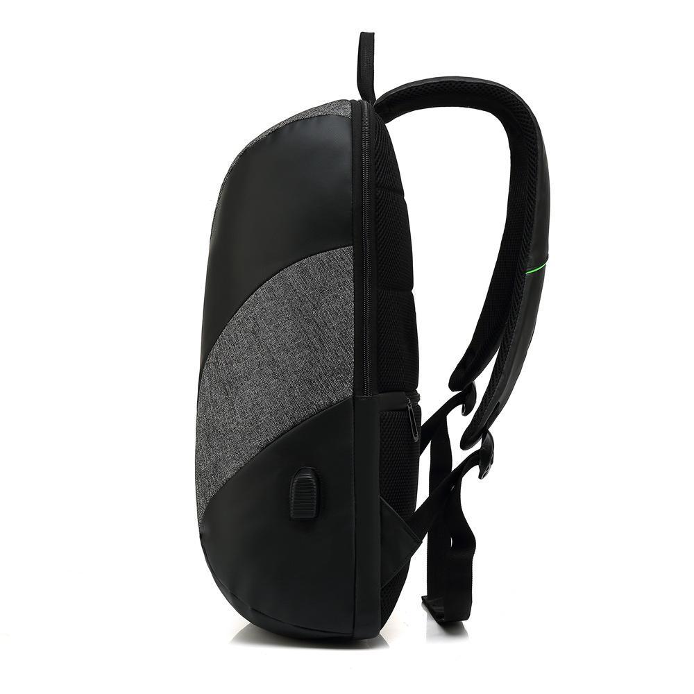 High Quality Male Casual Large Anti-theft Backpack in stylish striped design, showcasing its spacious compartments and USB charging interface.