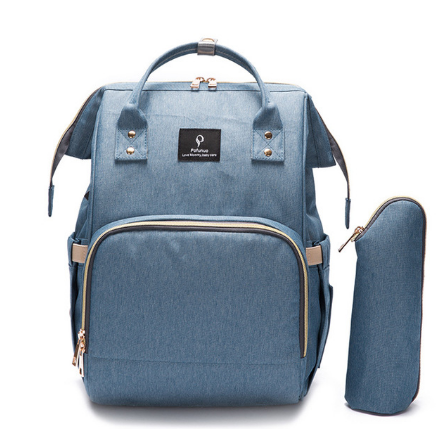 High Quality Mummy Maternity Travel Backpack in denim fabric, featuring multiple pockets and USB charging interface, ideal for parents on the go.